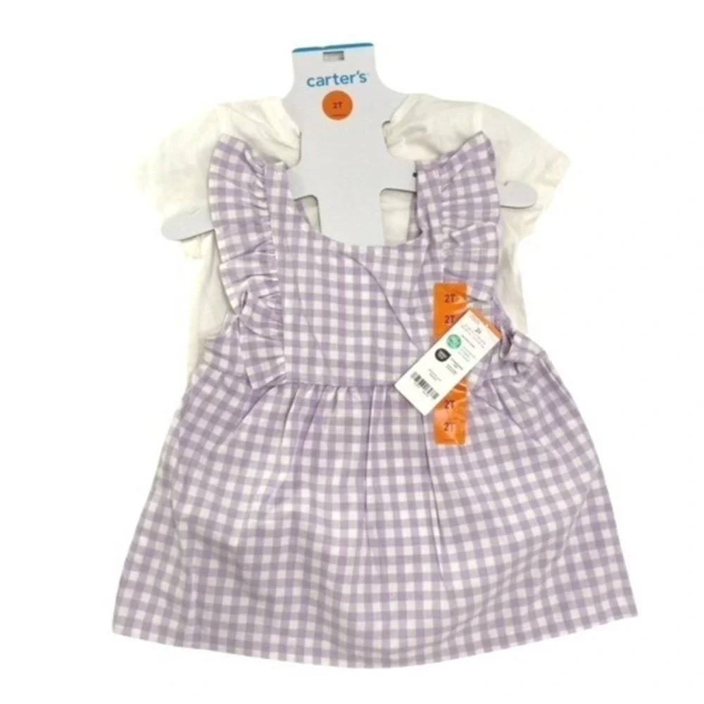 Carters 3pc Outfit Set Toddler Girls 2T Purple Gingham NWT Ruffle Floral Tee